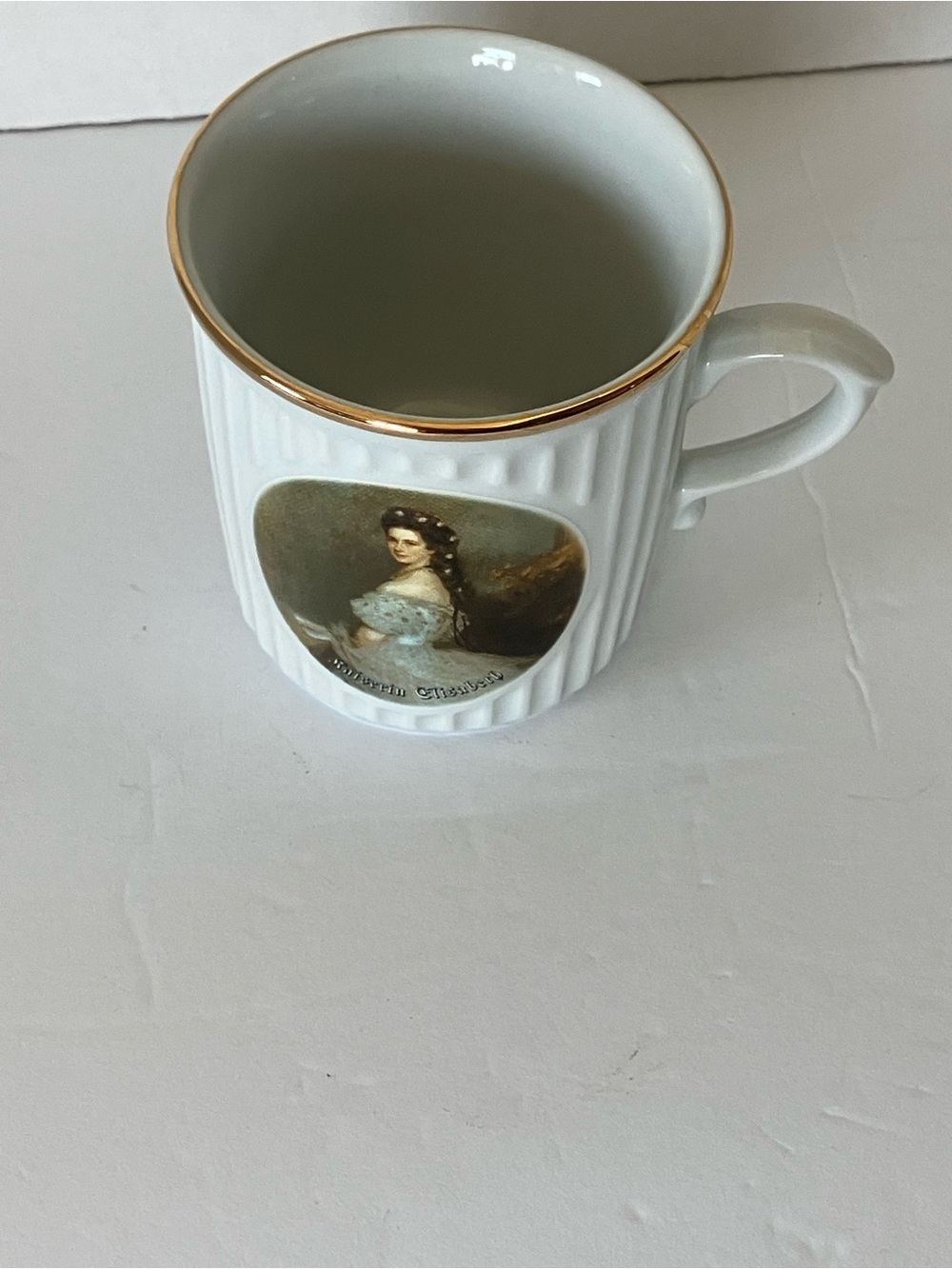 Austrian White Porcelain Mug with Gold Trim and Classic Royal Portraits